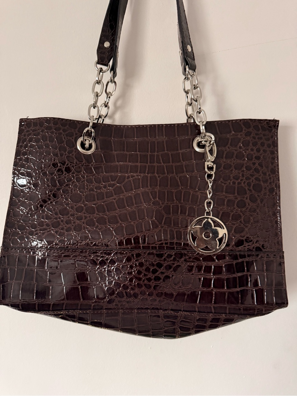 Bueno Croc-Embossed Patent Tote in Dark Brown with Silver Charm